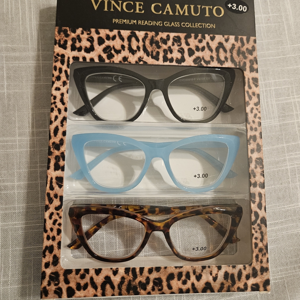 Vince Camuto Black, Blue, and Tortoise shell Reading Glasses Trio +3. NEW